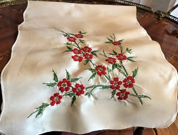 Vintage Embroidered Table Runner: Red Floral Cotton Dresser Scarf - Etsy