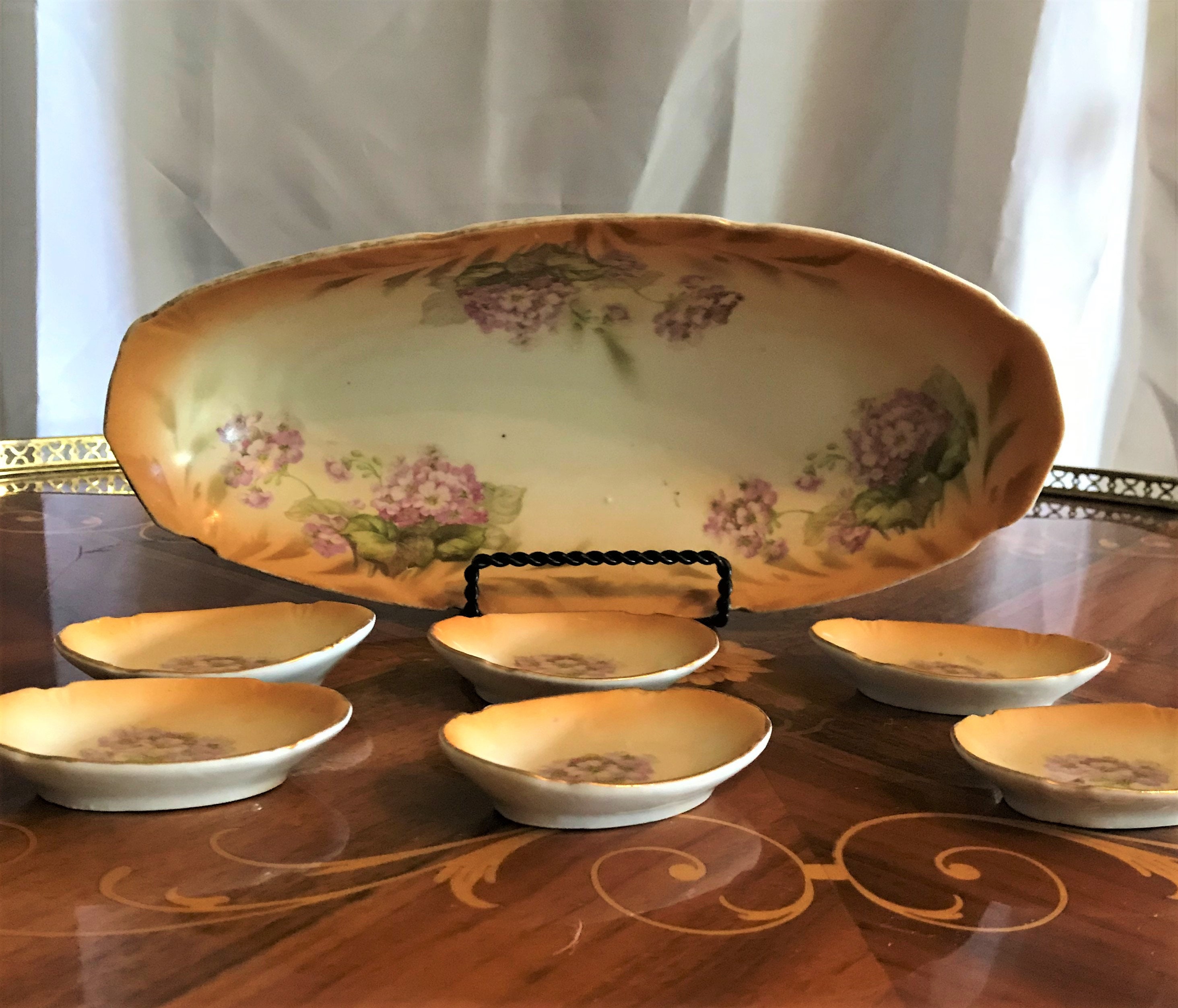 Vintage Antique Celery Dish With Six Individual Salts
