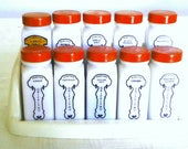 Vintage Griffith Spice  Rack With  Milk Glass Bottles,  Red Lids And A White Storage  Rack