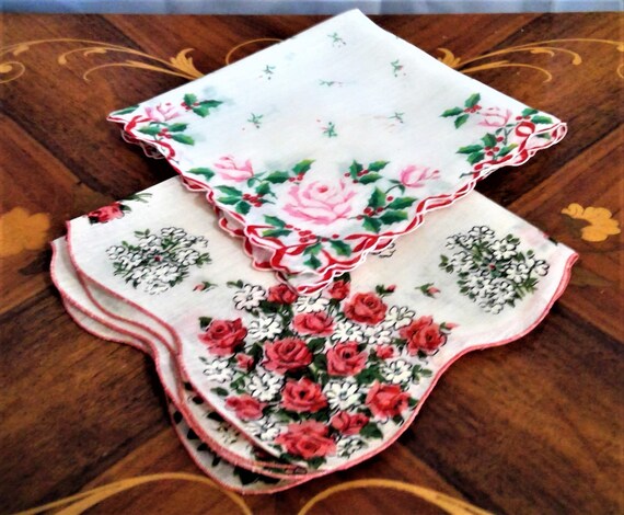 Vintage Red White Floral Hankies, Cotton Hankies - image 9