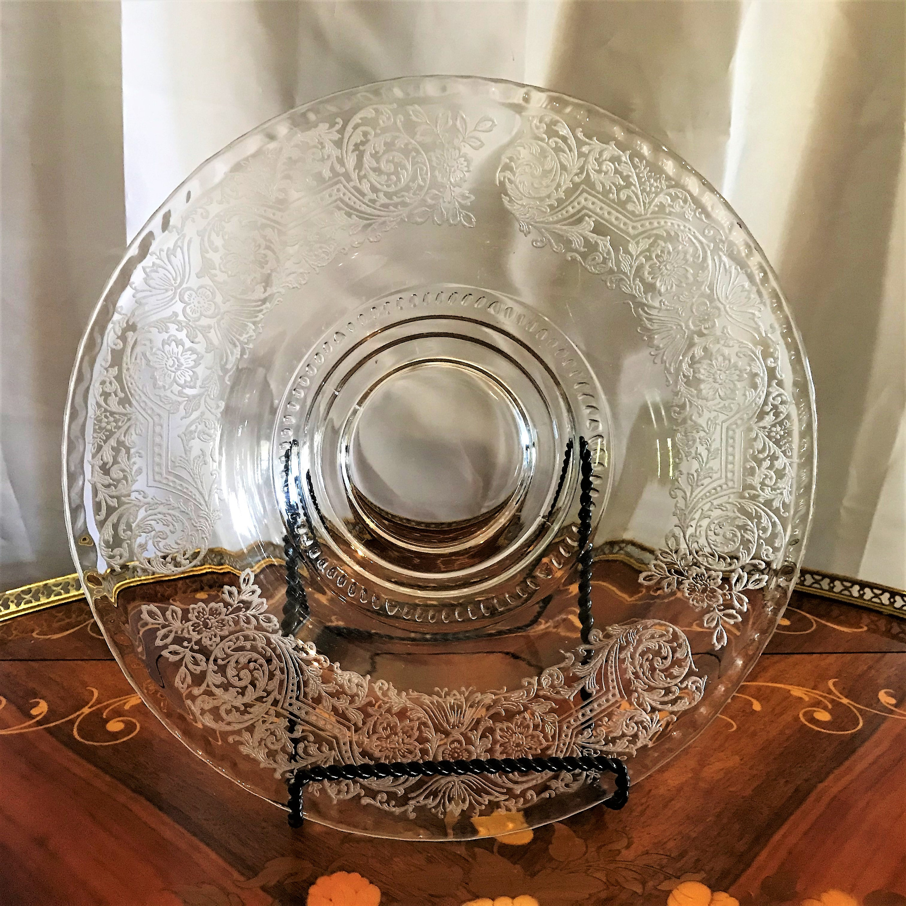 アンティーク透かしコンソール。 Vintage Etched Depression Glass Console Bowl, Clear Serving Bowl