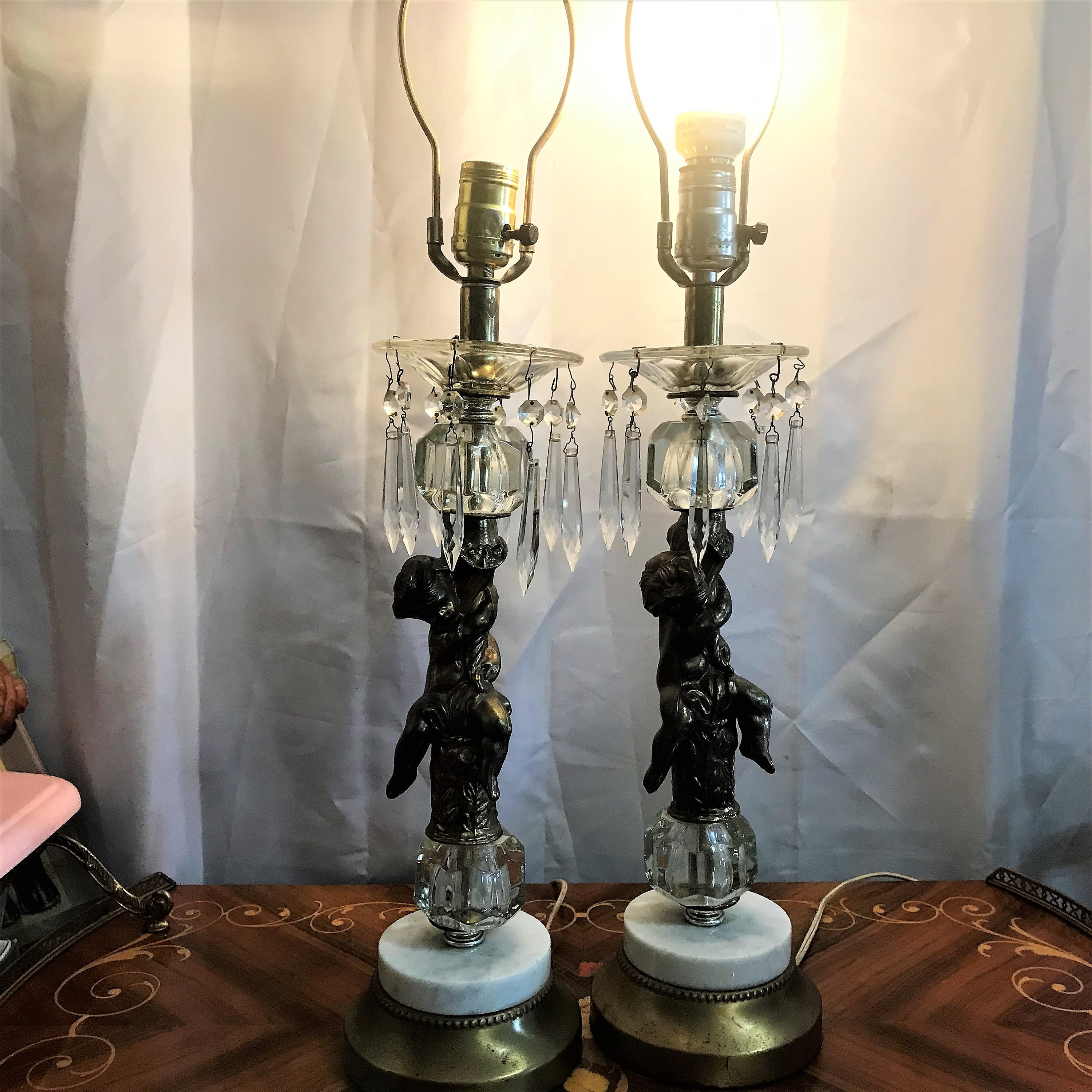 Vintage Pair of Brass and Glass Cherub Lamps, Glass Prisms, Brass Finials,  Home Décor, Marble Bases -  Canada