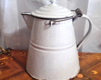 Antique Large Gray Granite Ware Cowboy Coffee Pot 2 1/2 Gallon Bail & Side  Handle 13 in