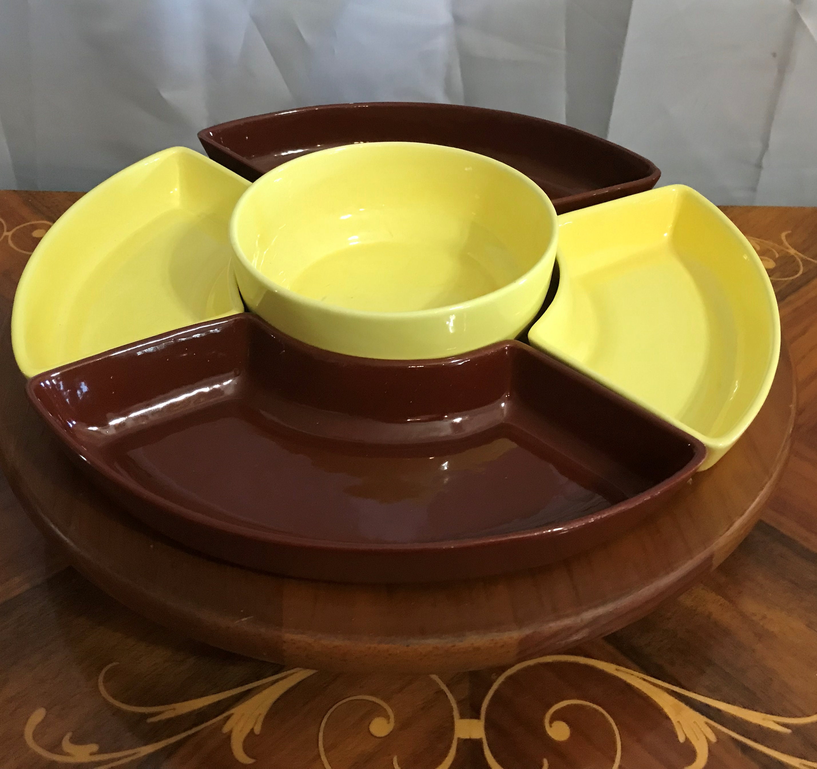 Vintage Pottery Lazy Susan Snack Tray With Yellow and Brown Glaze