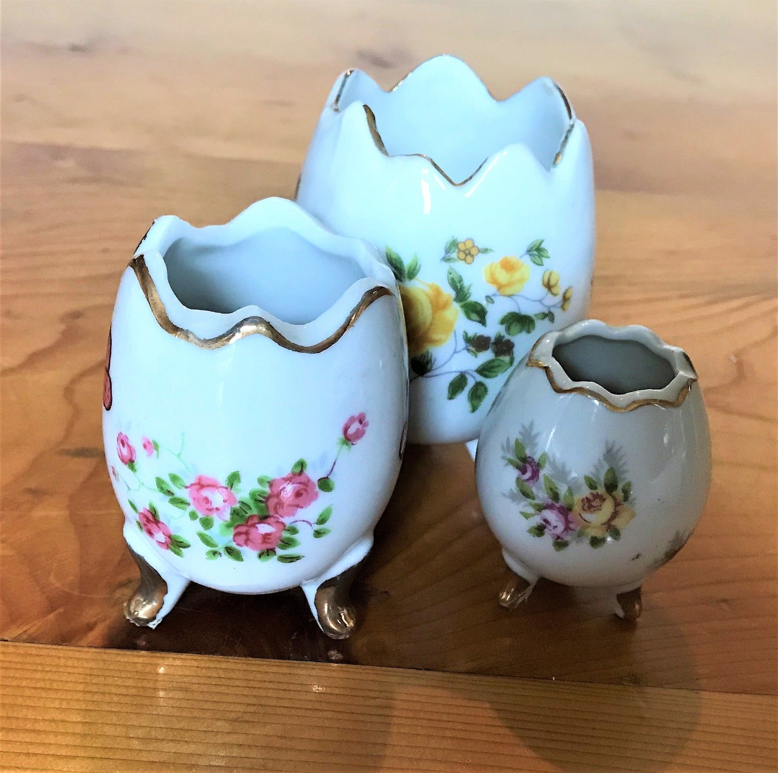 Three Vintage Footed Egg Vases With Hand Painted Flowers And Etsy