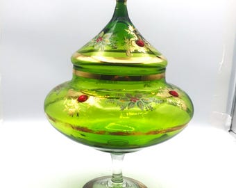 Vintage Bohemian Glass Green & Gold Jeweled Lidded Compote 12" tall