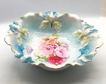 Antique Germany Fine China Serving Bowl: Hand-Painted Roses and Iris Decor