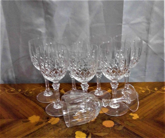 Eight Vintage Lead Crystal Footed Wine Glasses, Diamond and Ribs