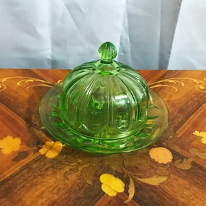 Vintage Hocking Depression Glass Green Uranium Knife and Fork Butter Dish