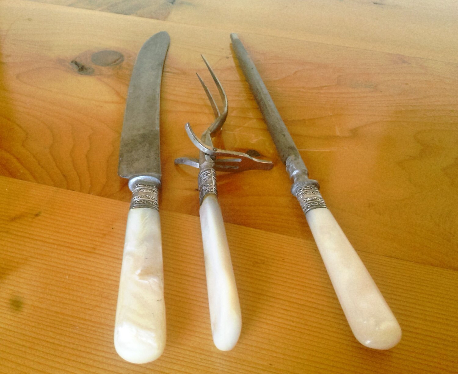 Vintage Pearl Handled Carving Set With Sterling Silver Etsy