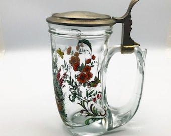 Vintage BMF Viking Horn Floral Hunting Scene Glass 16oz Beer Stein with Pewter Lid - West Germany