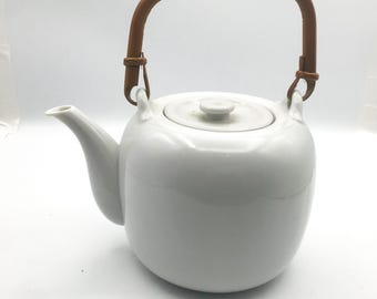 Vintage Japanese White Teapot with Brown Wooden Handle 5" Tall