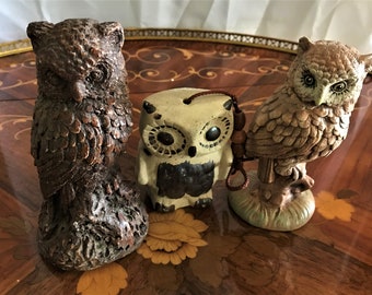 Collection of Three Vintage Owl Figurines, Wise Owls, Ceramic Owls, Home Decor, Paper Weights.