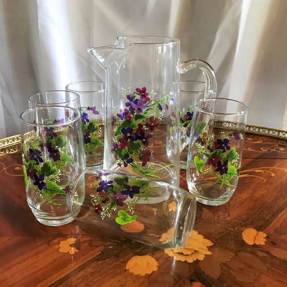 Beautiful Vintage Hand Painted Pitcher and Six Glasses by West Virginia  Glass Company, Home Decor, Bar Set, Home Bar, Mancave 