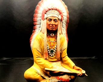 Vintage Native American Chief Ceramic Figurine, Hand-Painted 13" Tall, Byron Molds