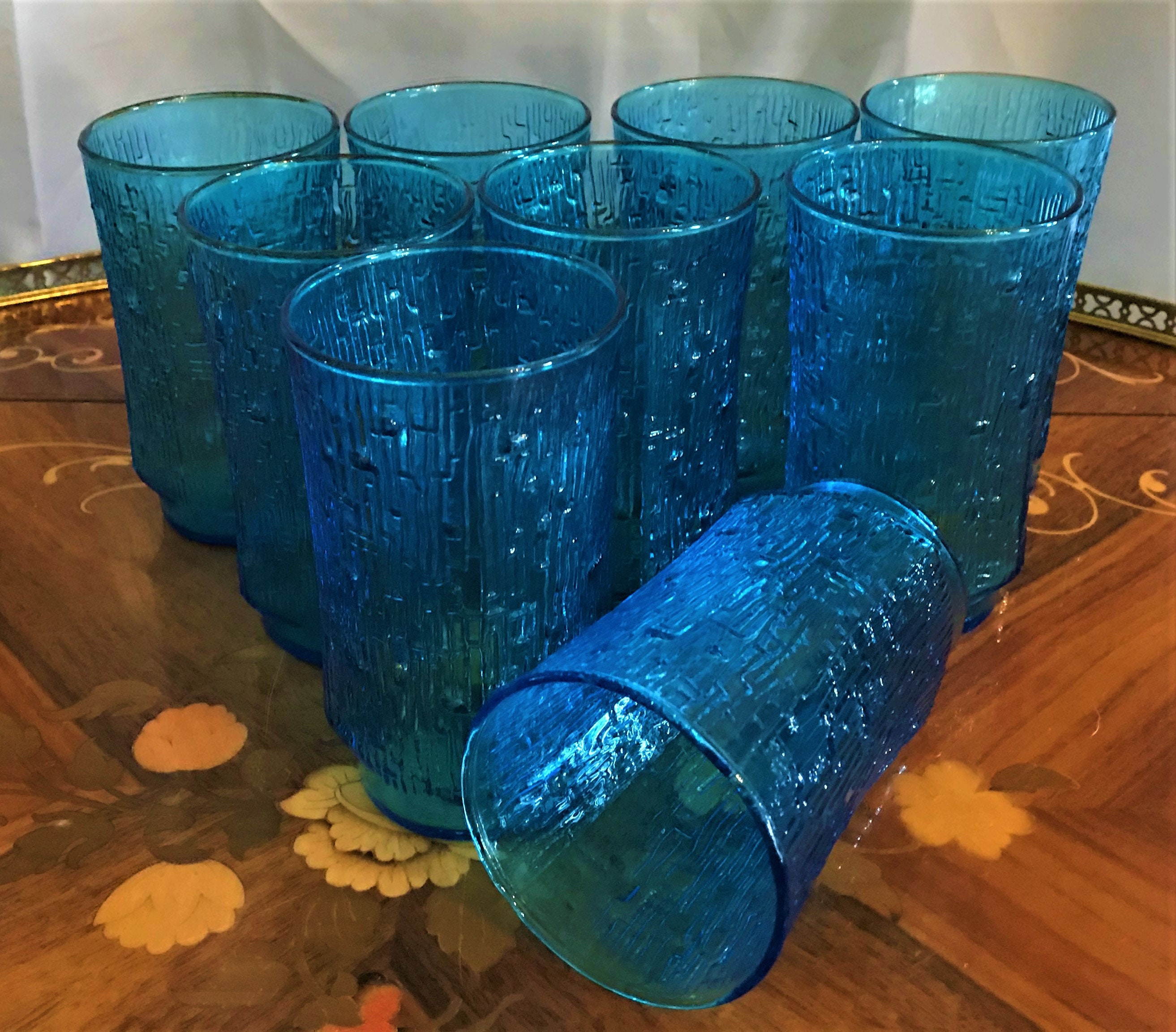 Vintage Libbey Aqua Blue Turquoise Polka Dot Glass Tumblers Drinking Glass