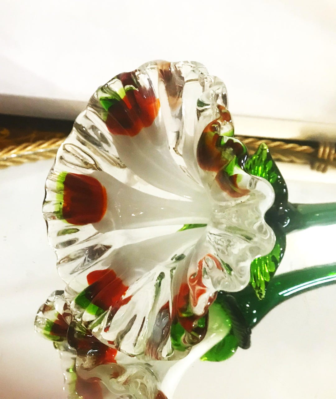 One Vintage Murano Style Red and White Glass Flower With Long Stem - Etsy