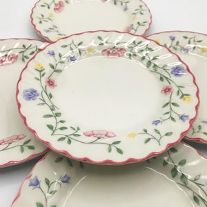 May include: A collection of white ceramic plates with a scalloped edge and a floral design. The plates feature a pink, red, yellow, and blue flower pattern with green vines. The rims are trimmed with a red border.