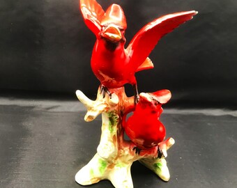 Vintage Ceramic Figurine Two Red Cardinals Perched on a Branch 8" Tall