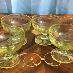 Four Yellow Amber Depression Glass Sherbets With Etched Clovers, Dessert Cups