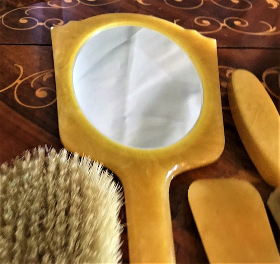 Vintage Art Deco Celluloid Vanity Set: Mirror, Brush, Nail Tools