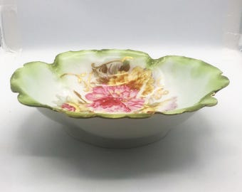Antique Bavarian China Serving Bowl: Pink Wild Roses, Scalloped Edge