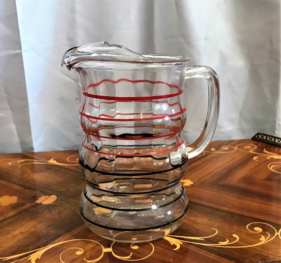 Glass Water Pitcher With Ice Spout With Brown Retro Floral 