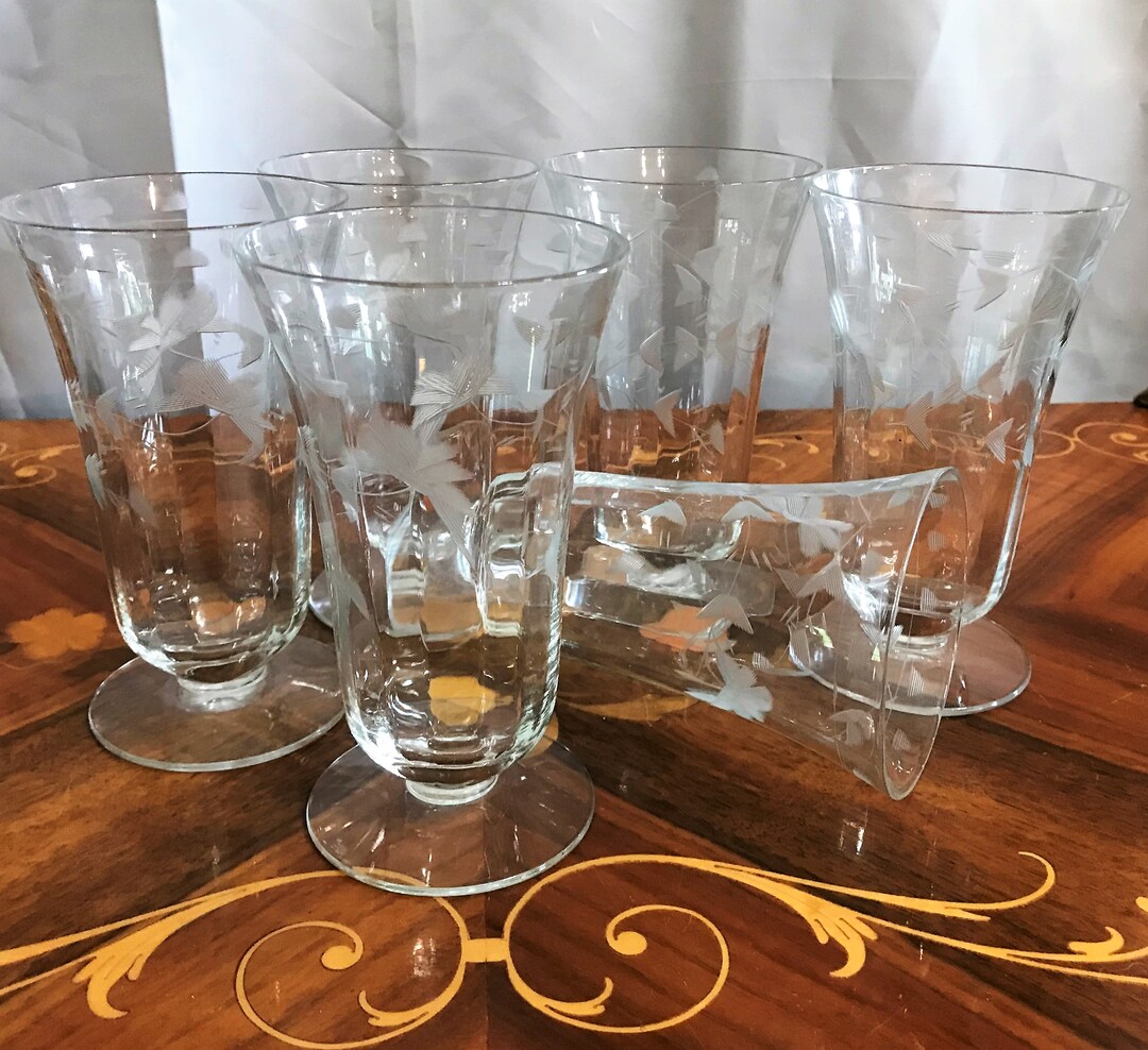 Six Vintage Crystal Tall Footed Cocktail Glasses With a Wheel Cut Floral Design, Water Glasses