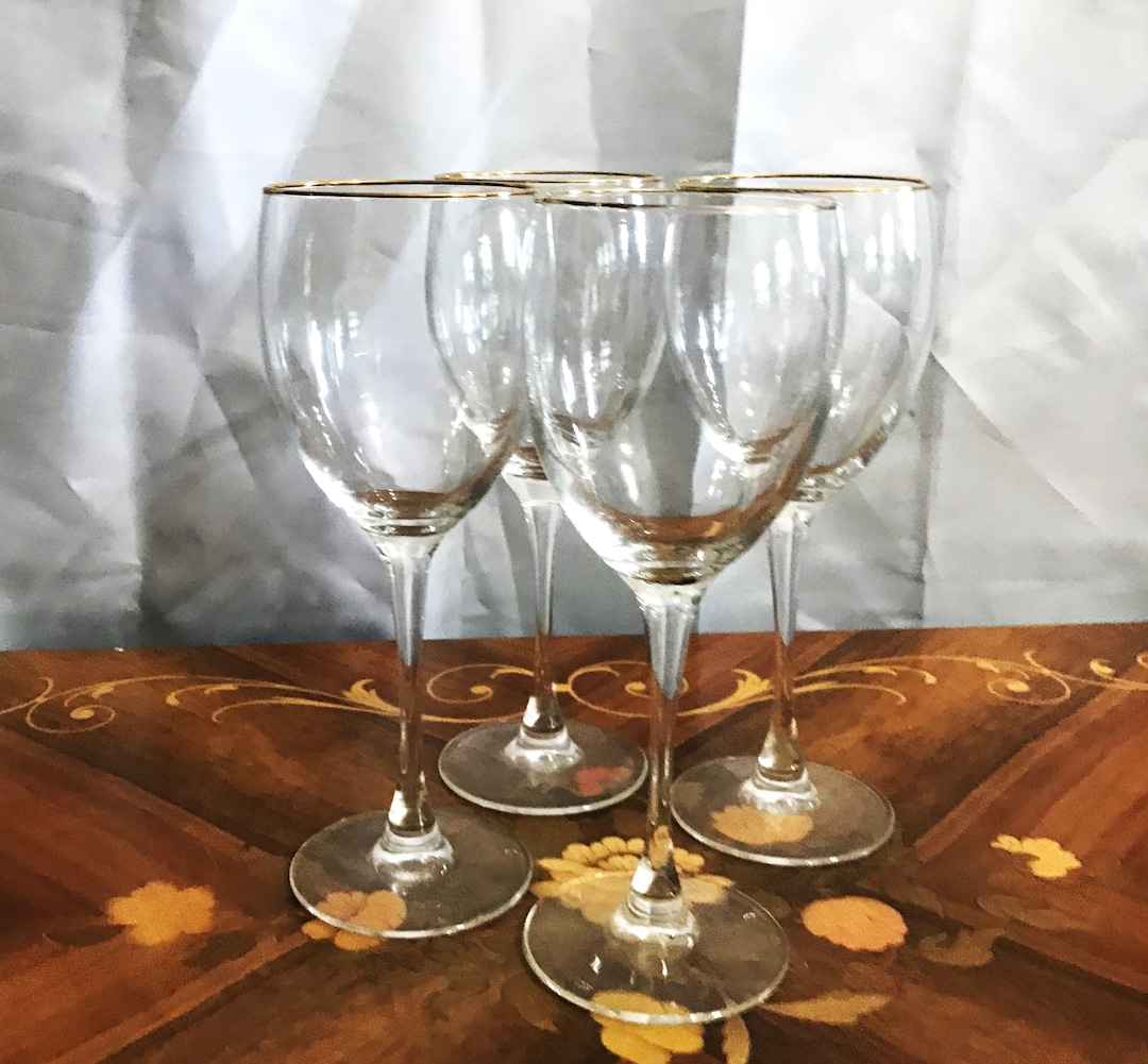 Four Vintage Clear Glass Wine Glasses With Gold Trim, Bar Glasses, Home