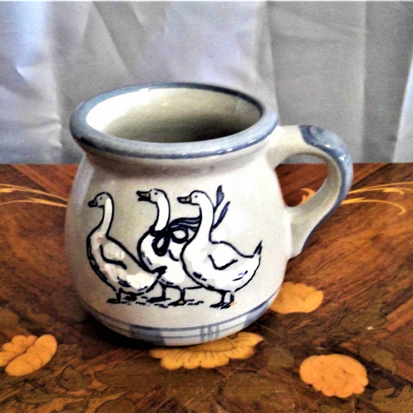 Vintage Louisville Stoneware, Gaggle of Geese Pot Belly Large Soup or Coffee Mugs, Blue Gingham