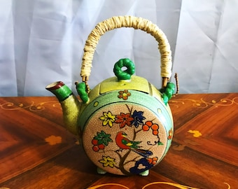 Vintage Japanese Teapot Hand Painted Floral Crackle Glaze Rattan Handle