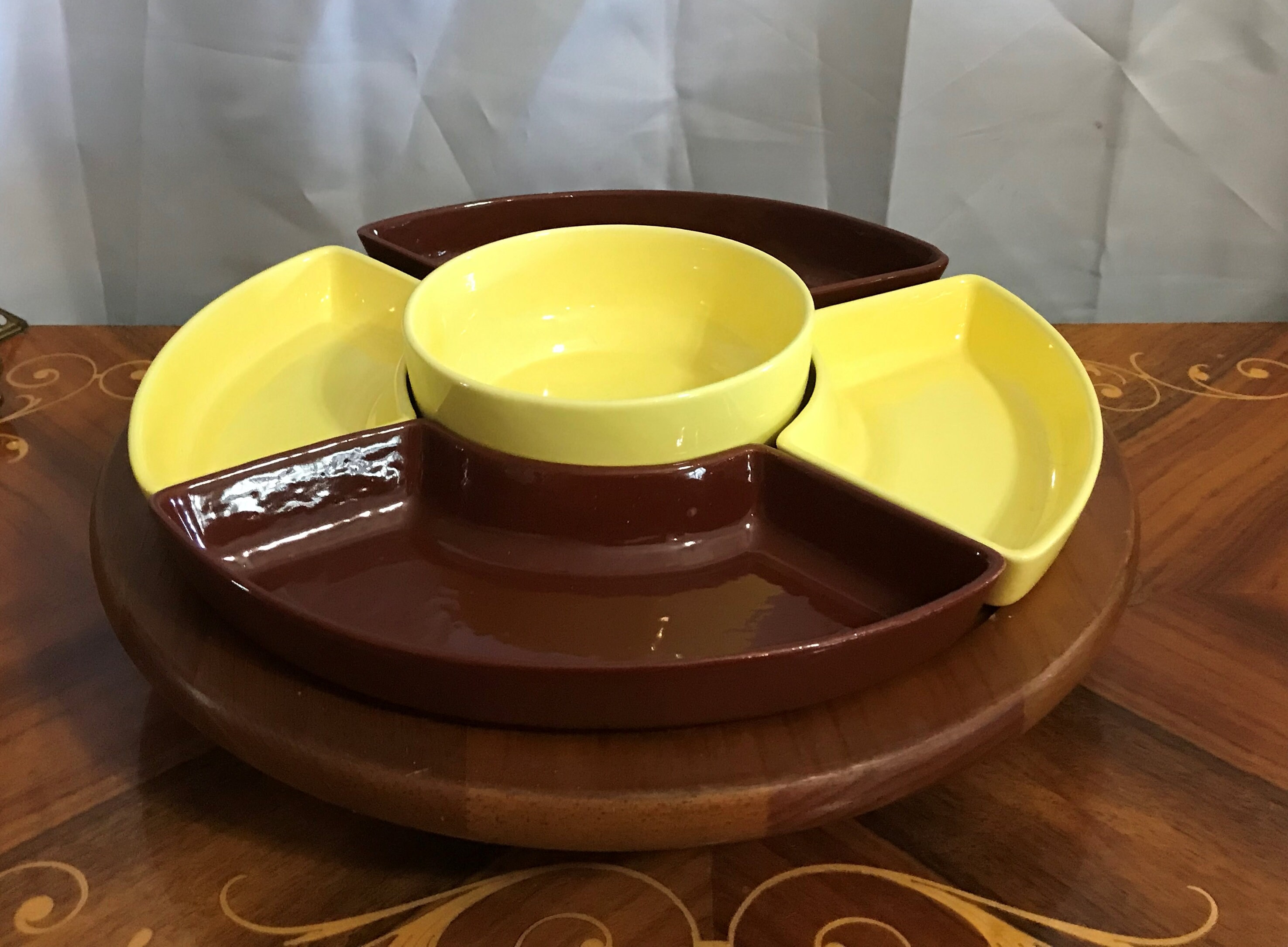 Mid Century, Lazy Susan Set, USA Pottery, Brown Yellow Mustard