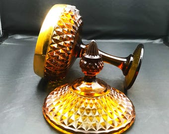 Vintage Amber Glass Diamond Point Covered Compote with Gold Band 12 1/4" Tall