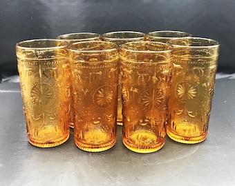 Vintage American Concord Glasses Amber Medallion Highball Glasses 5.5" Tall