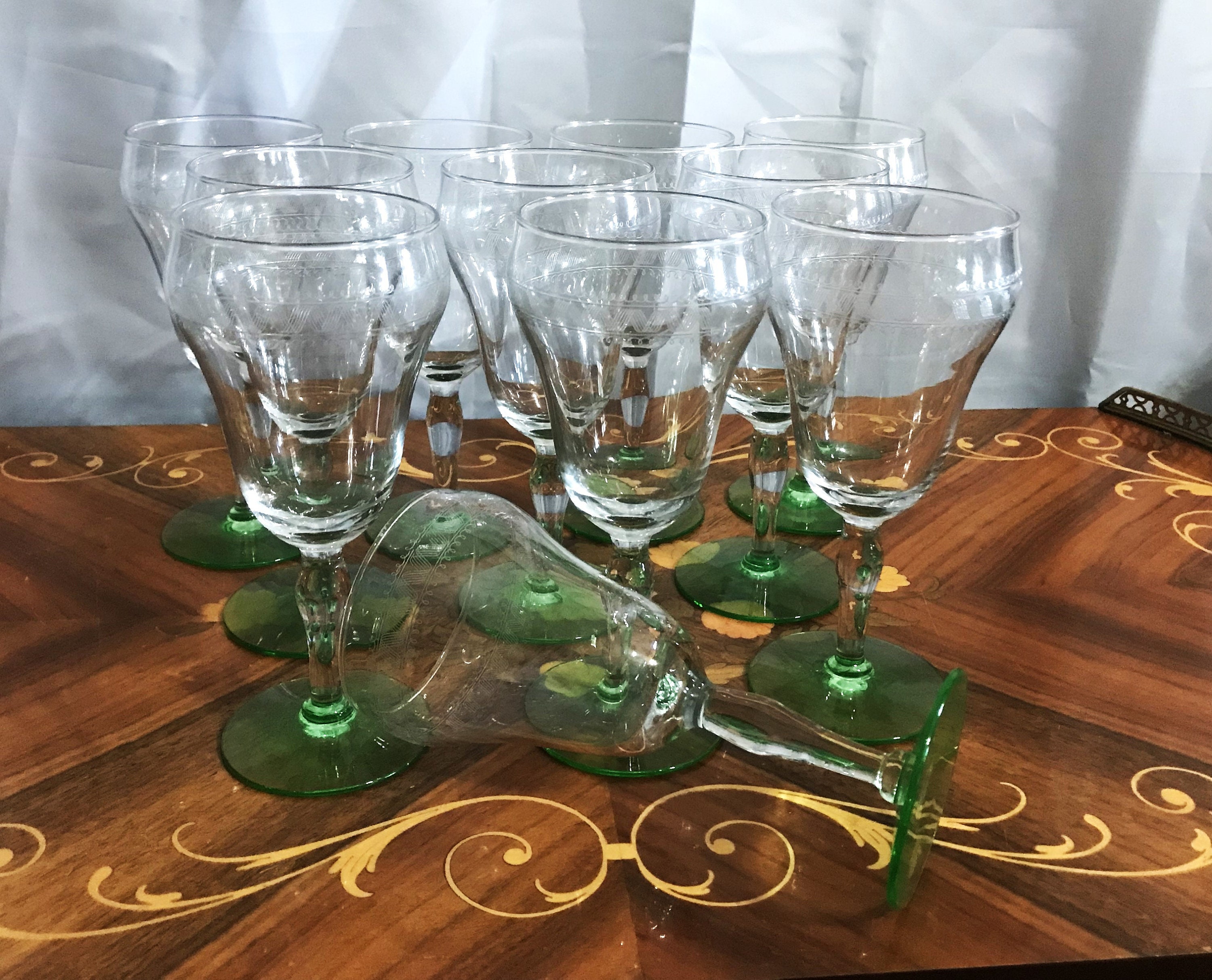 5 Vintage Green Uranium Glass Wine Glasses, 1950's, Vintage Green