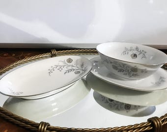Two Tirschenreuth Enchanting Pattern Fine China Serving Pieces, Gravy boat, Relish Plate