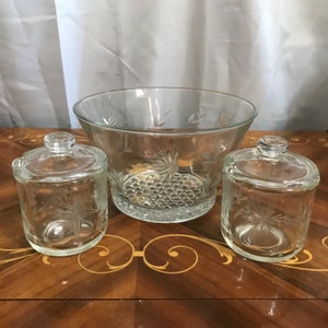 Vintage Wheel Cut Bar Set, Ice Bucket, Covered Jars Starbursts and Leaves, Dining and Serving