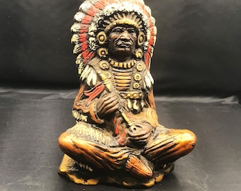 Vintage Native American Chief Chalkware Figurine, Hand-Painted 9.5" Tall