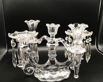 Vintage Cambridge Glass Epergne Three Light Candelabra with Prisms, Two Flower Vases 9"Tall, Centerpiece