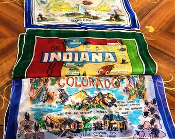 Three Vintage pure Silk States Handkerchiefs, Vintage Hankie, Two States and One City Hankie