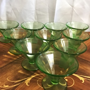 Ten Vintage Green Depression Glass Dessert Cups, Depression Era, Footed Cups