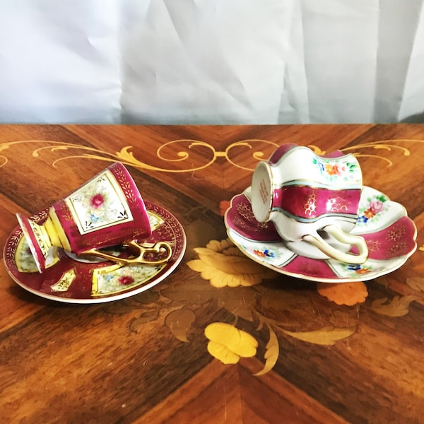 2 Vintage Hand Painted Demitasse Cup And Saucers, Both Made in Occupied Japan Fine China Small Size