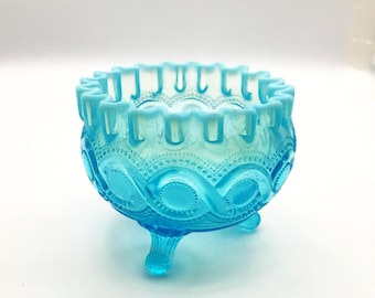 Northwood Blue Opalescent Glass 3 Footed Beaded Cable Crimped Rosebowl 3.75" Tall.