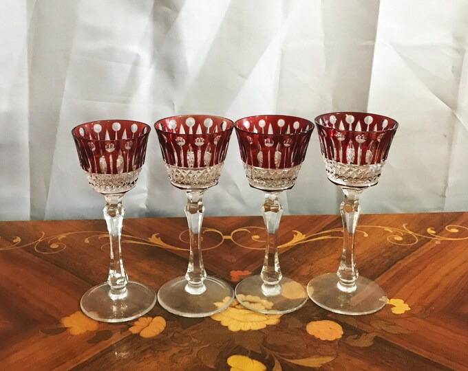 4 Vintage Bohemian Czech Ruby Red Cut to Clear Small Crystal Wine