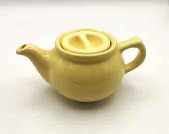 Vintage Small Yellow Pottery Teapot with Unusual Lid, 3 1/2" Tall
