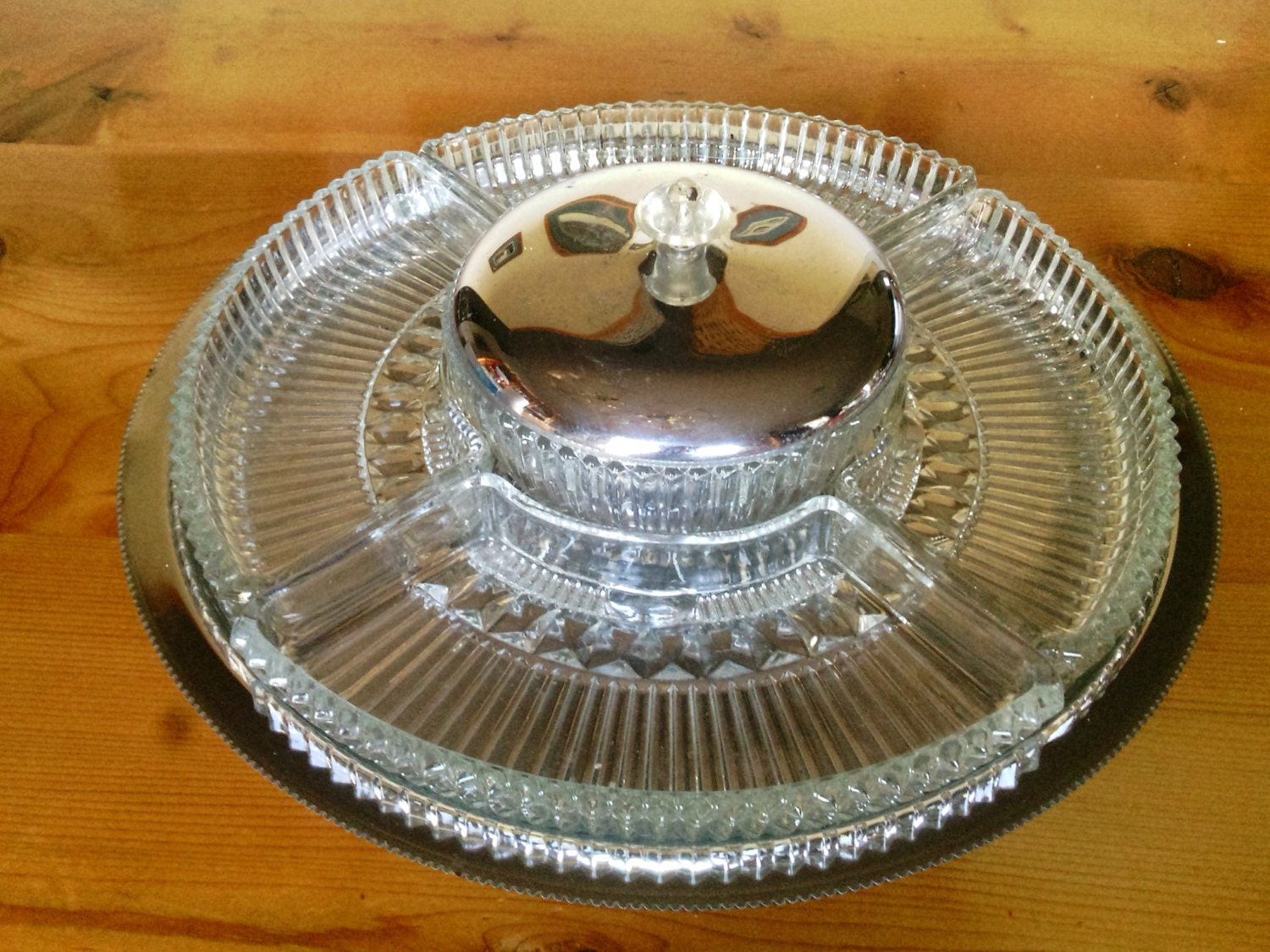 Vintage Chrome Lazy Susan Style Snack Tray With Glass Inserts Etsy
