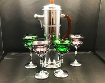 Vintage Cocktail Set MCM Farber Bros. Stainless Chrome Shaker And 4 Farberware Glasses