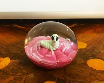 Hand Blown Joe St. Claire 3" Pink Swirl Ribbon with Worm Art Glass Paperweight with Controlled Bubble