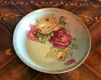 Antique Three Crown China Serving Bowl: Hand-Painted Roses, Gold Trim