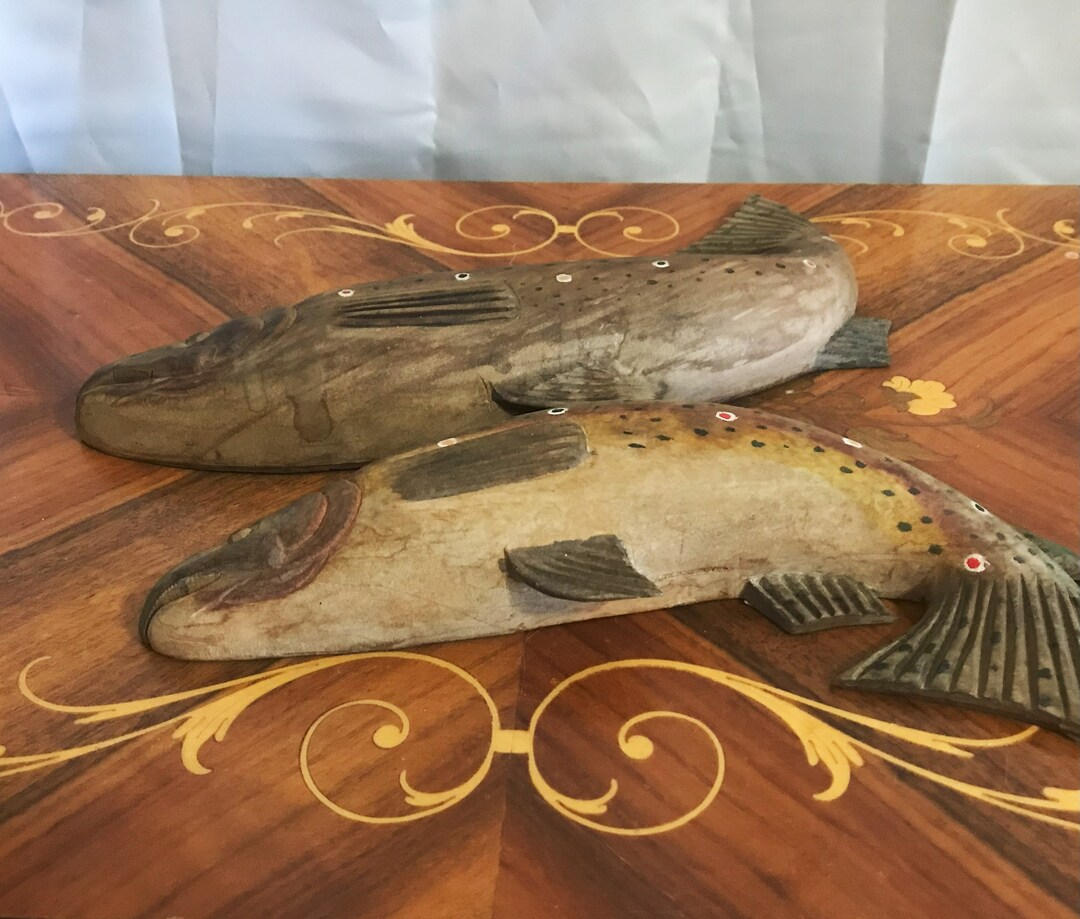 Pair of Vintage Hand Carved Wooden Fish Wall Plaques Etsy